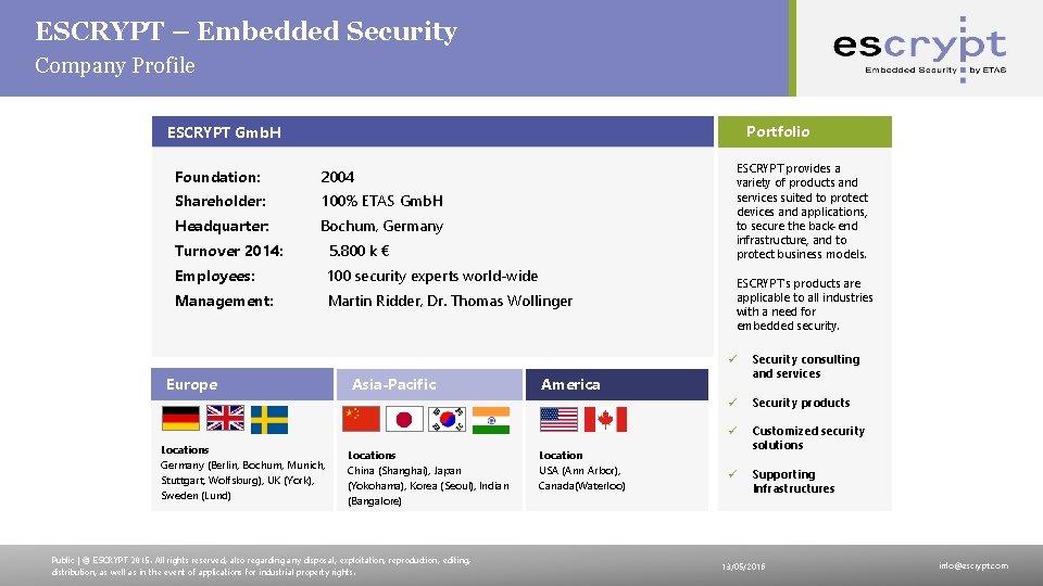 ESCRYPT – Embedded Security Company Profile Portfolio ESCRYPT Gmb. H Foundation: 2004 Shareholder: 100%