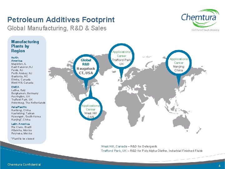 Petroleum Additives Footprint Global Manufacturing, R&D & Sales Manufacturing Plants by Region North America