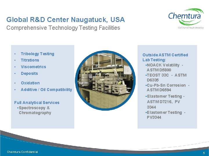 Global R&D Center Naugatuck, USA Comprehensive Technology Testing Facilities • Tribology Testing • Titrations