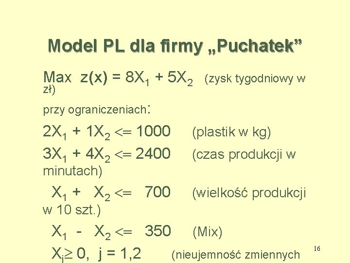 Model PL dla firmy „Puchatek” Max z(x) = 8 X 1 + 5 X