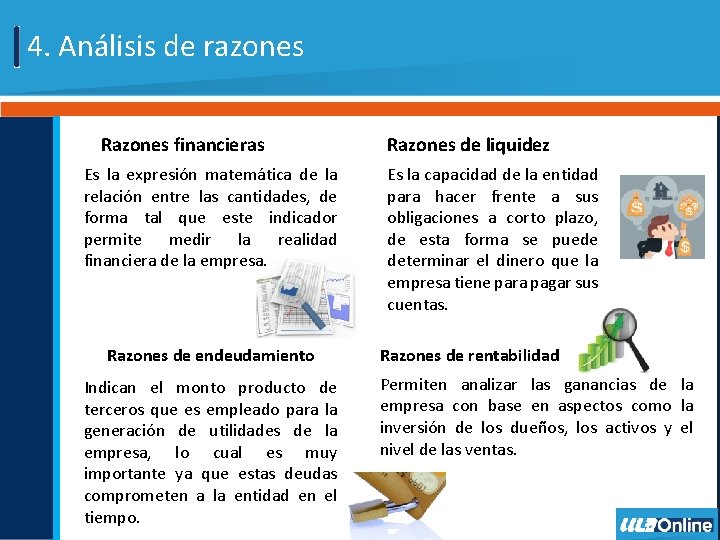 4. Análisis de razones Razones financieras Es la expresión matemática de la relación entre