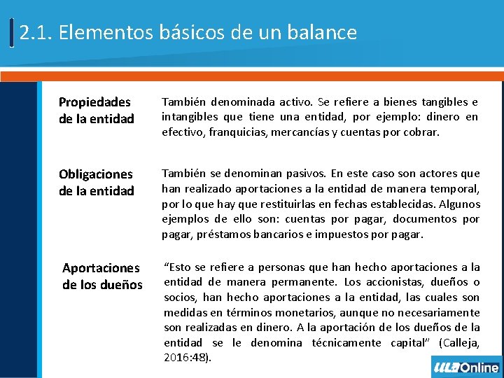 2. 1. Elementos básicos de un balance Propiedades de la entidad También denominada activo.