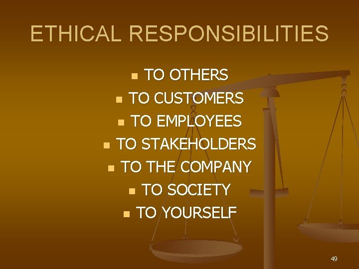 ETHICAL RESPONSIBILITIES TO OTHERS n TO CUSTOMERS n TO EMPLOYEES n TO STAKEHOLDERS n