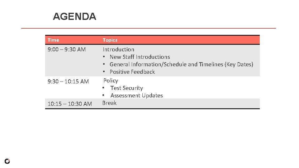 AGENDA Time Topics 9: 00 – 9: 30 AM Introduction • New Staff Introductions