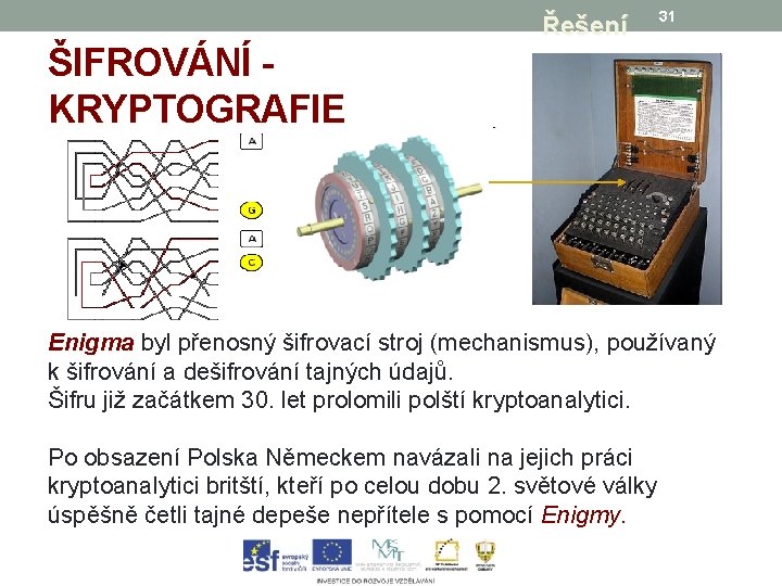 ŠIFROVÁNÍ KRYPTOGRAFIE Řešení 31 Enigma byl přenosný šifrovací stroj (mechanismus), používaný Enigma k šifrování