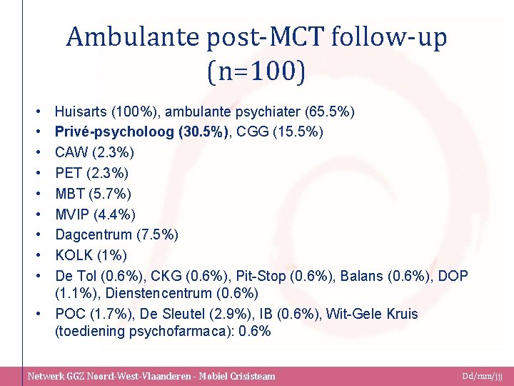 Ambulante post-MCT follow-up (n=100) • • • Huisarts (100%), ambulante psychiater (65. 5%) Privé-psycholoog
