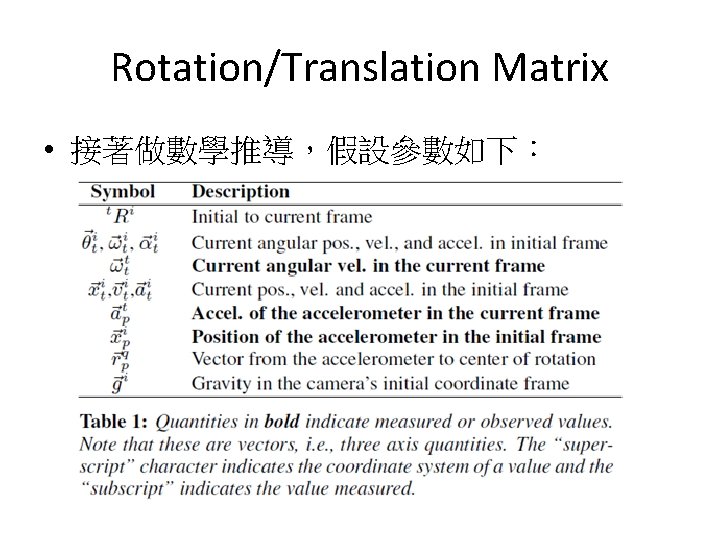 Rotation/Translation Matrix • 接著做數學推導，假設參數如下： 