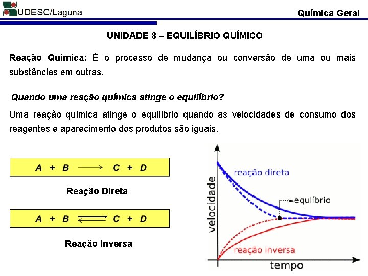 Química Geral UNIDADE 8 – EQUILÍBRIO QUÍMICO Reação Química: É o processo de mudança