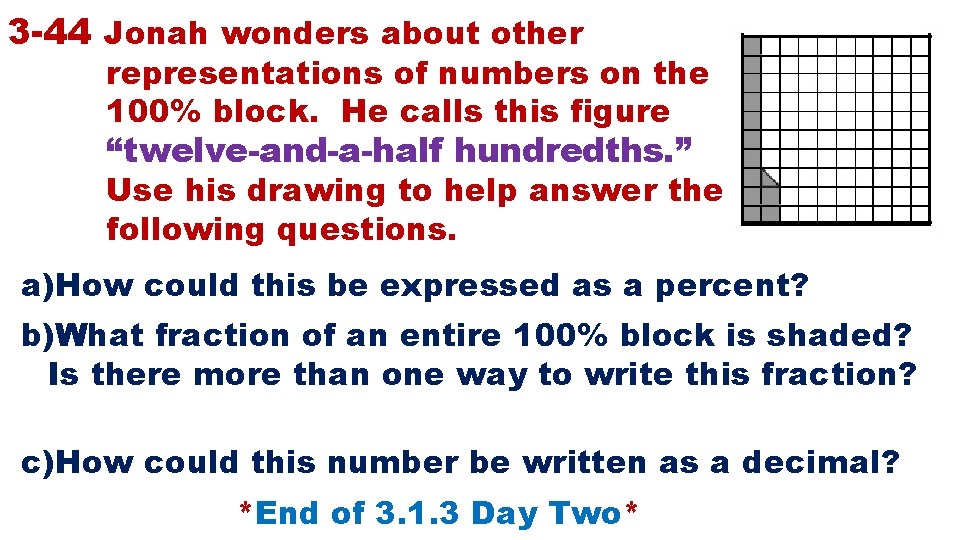 3 -44 Jonah wonders about other representations of numbers on the 100% block. He