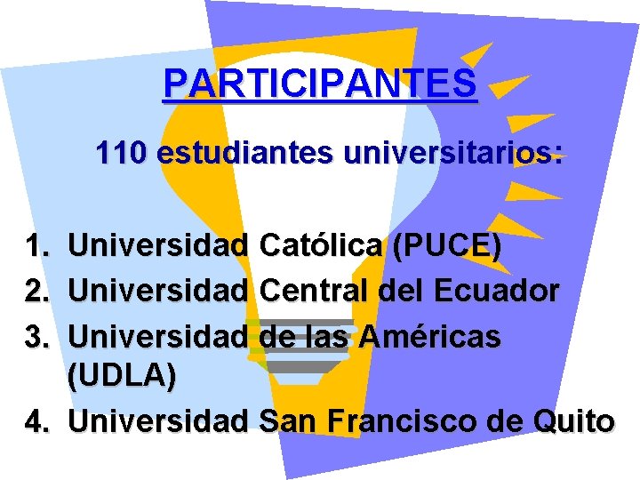 PARTICIPANTES 110 estudiantes universitarios: 1. 2. 3. Universidad Católica (PUCE) Universidad Central del Ecuador