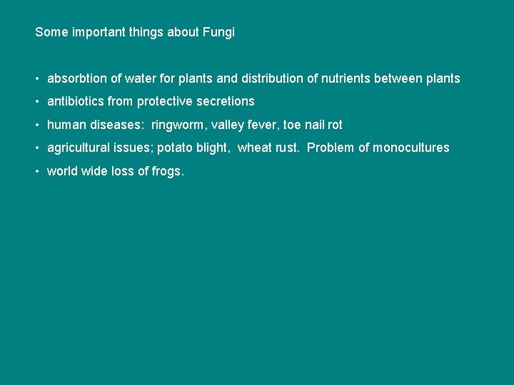 Some important things about Fungi • absorbtion of water for plants and distribution of