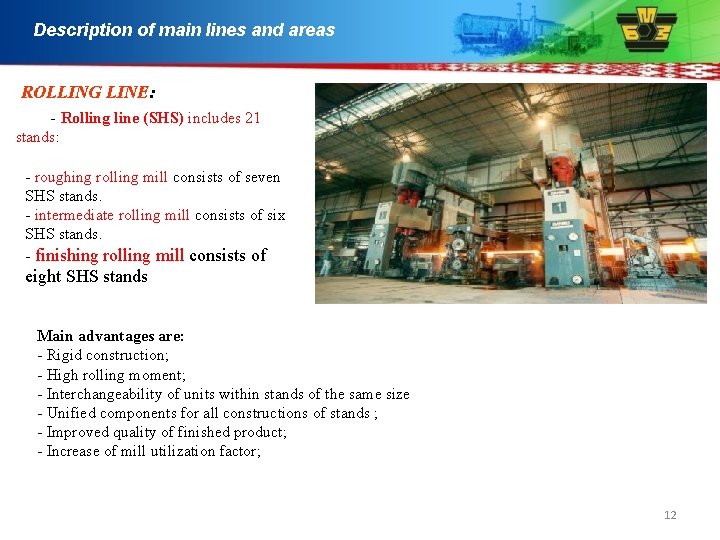 Description of main lines and areas ROLLING LINE: - Rolling line (SHS) includes 21