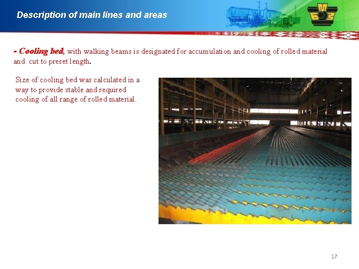 Description of main lines and areas - Cooling bed, with walking beams is designated