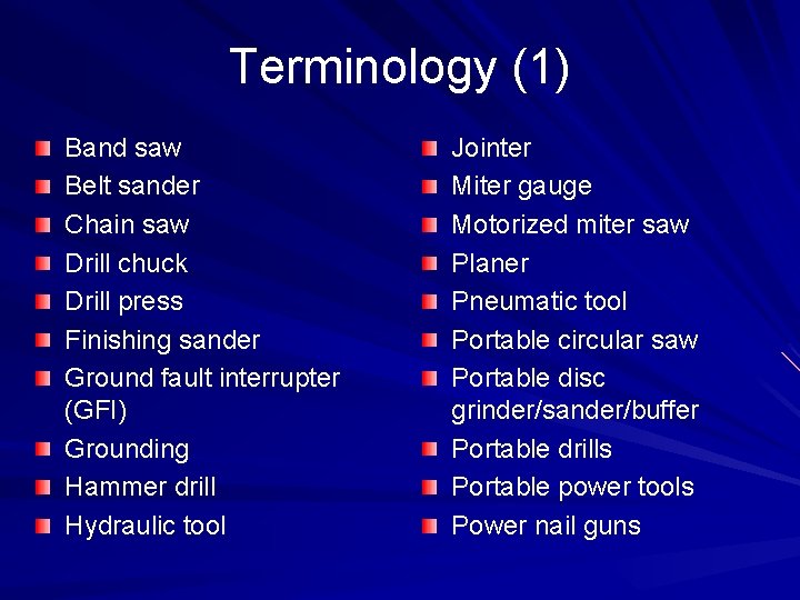 Terminology (1) Band saw Belt sander Chain saw Drill chuck Drill press Finishing sander