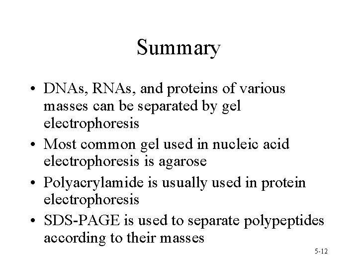 Summary • DNAs, RNAs, and proteins of various masses can be separated by gel