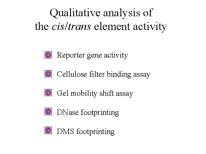 Qualitative analysis of the cis/trans element activity Reporter gene activity Cellulose filter binding assay Qualitative analysis of the cis/trans element activity Reporter gene activity Cellulose filter binding assay