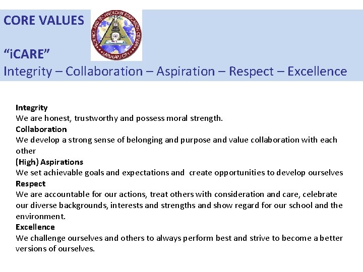 CORE VALUES “i. CARE” Integrity – Collaboration – Aspiration – Respect – Excellence Integrity