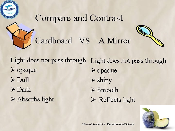 Compare and Contrast Cardboard VS A Mirror Light does not pass through Ø opaque