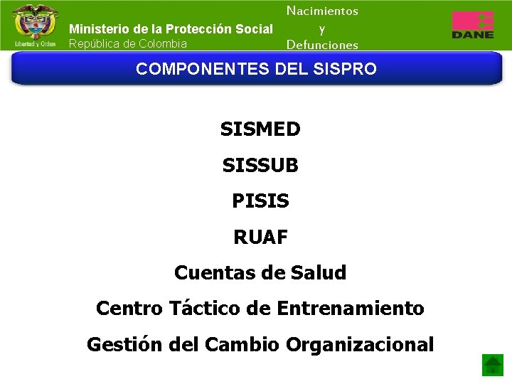 Nacimientos y Ministerio de la Protección Social República de Colombia Defunciones COMPONENTES DEL SISPRO