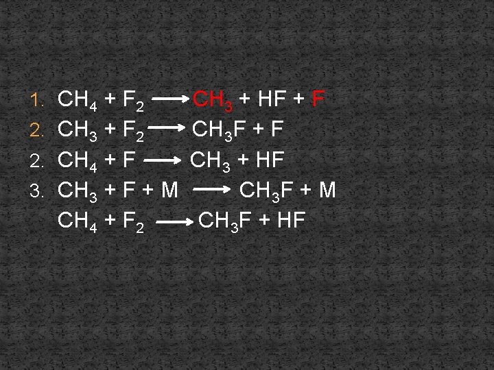 1. CH 4 + F 2 CH 3 + HF + F 2. CH