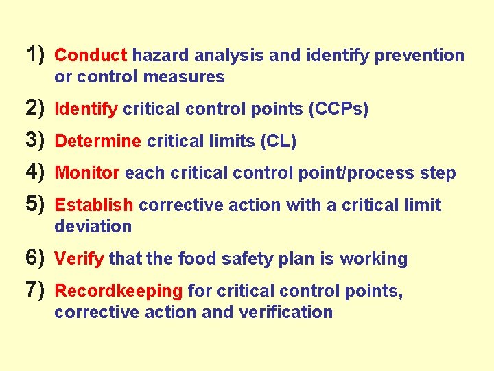 1) Conduct hazard analysis and identify prevention or control measures 2) 3) 4) 5)