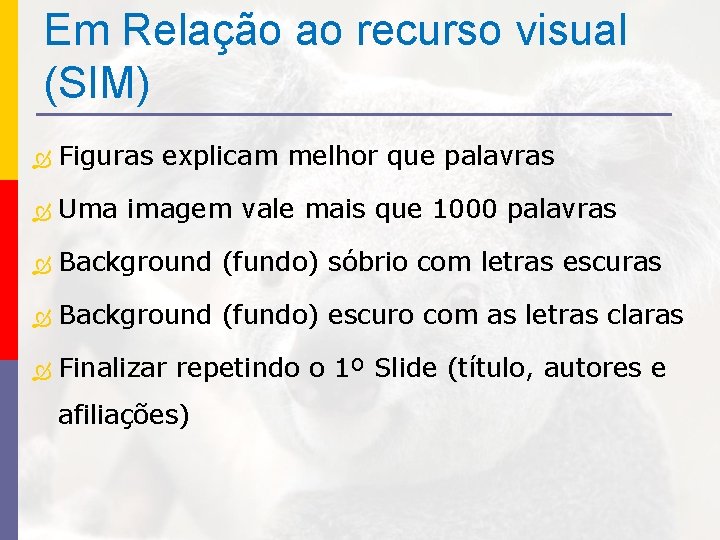 Em Relação ao recurso visual (SIM) Figuras explicam melhor que palavras Uma imagem vale