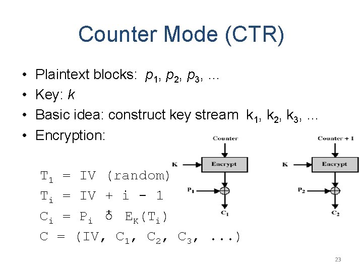 Counter Mode (CTR) • • Plaintext blocks: p 1, p 2, p 3, …