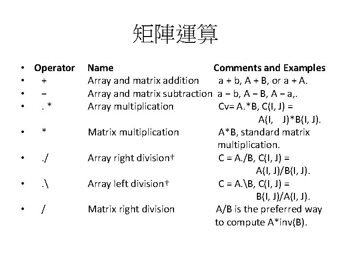 矩陣運算 • Operator • + • − • . * • * • .