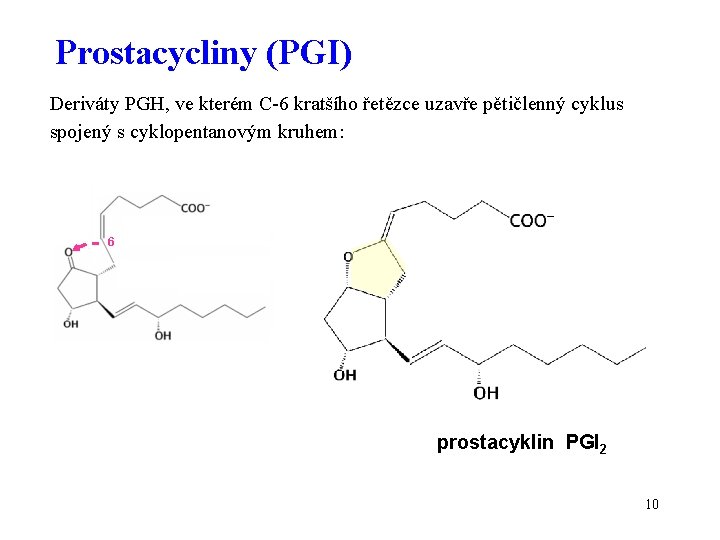 Prostacycliny (PGI) Deriváty PGH, ve kterém C-6 kratšího řetězce uzavře pětičlenný cyklus spojený s