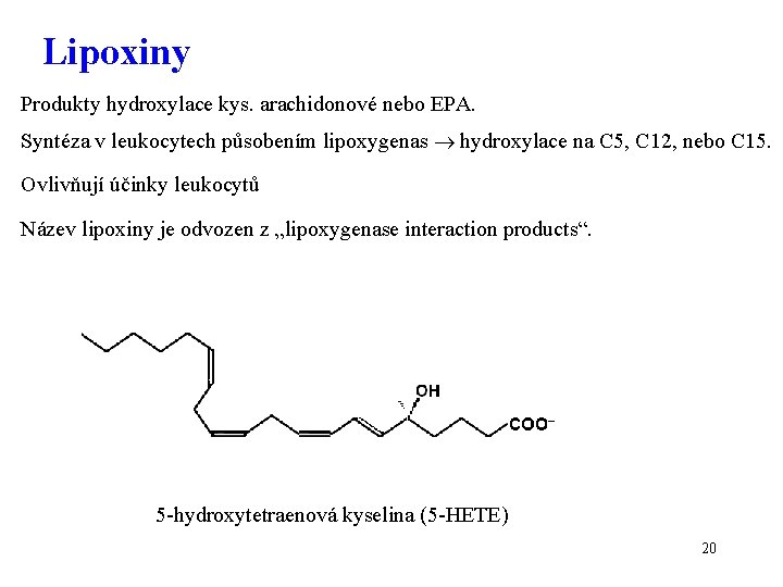 Lipoxiny Produkty hydroxylace kys. arachidonové nebo EPA. Syntéza v leukocytech působením lipoxygenas hydroxylace na