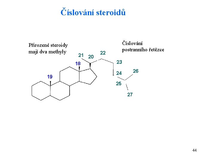 Číslování steroidů Přirozené steroidy mají dva methyly 19 21 20 18 Číslování postranního řetězce