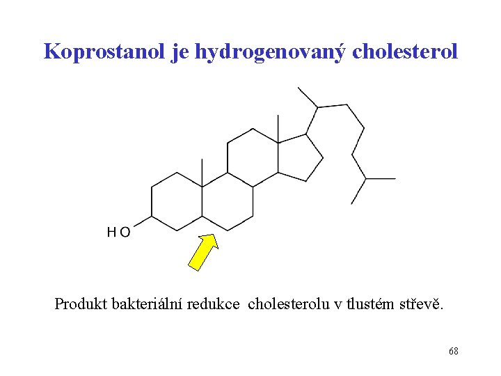 Koprostanol je hydrogenovaný cholesterol Produkt bakteriální redukce cholesterolu v tlustém střevě. 68 