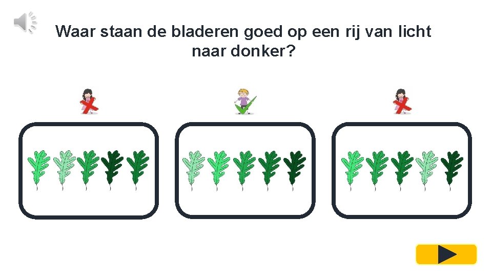 Waar staan de bladeren goed op een rij van licht naar donker? 