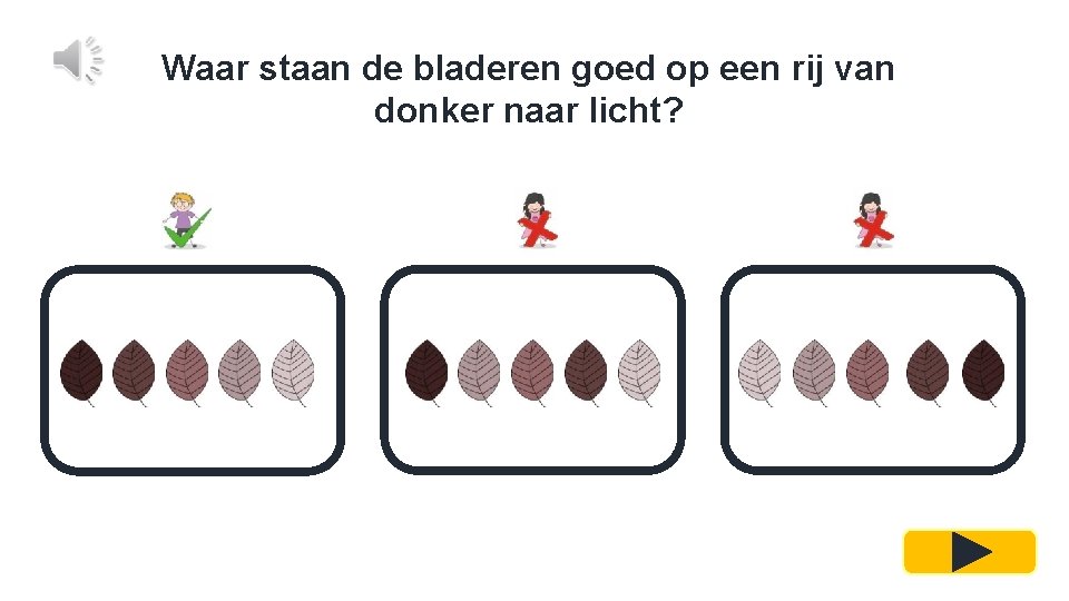 Waar staan de bladeren goed op een rij van donker naar licht? 