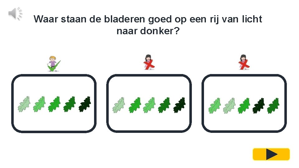 Waar staan de bladeren goed op een rij van licht naar donker? 