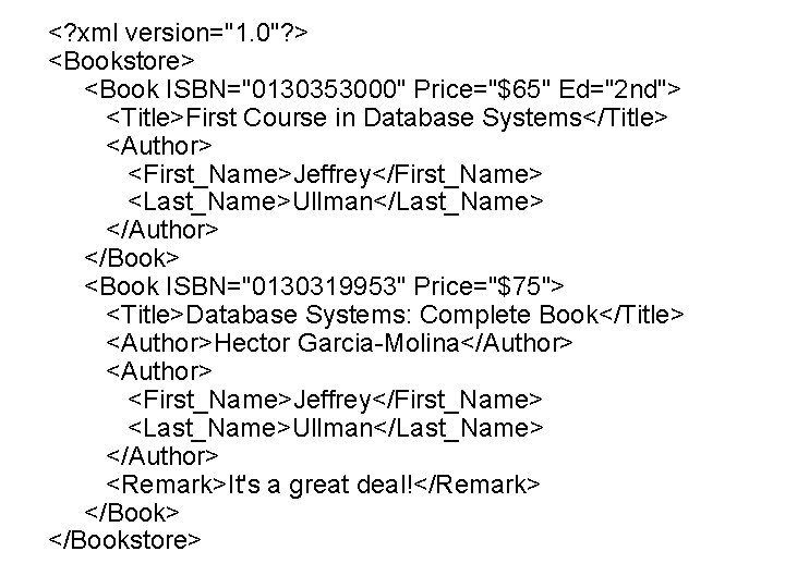  <? xml version="1. 0"? > <Bookstore> <Book ISBN="0130353000" Price="$65" Ed="2 nd"> <Title>First Course