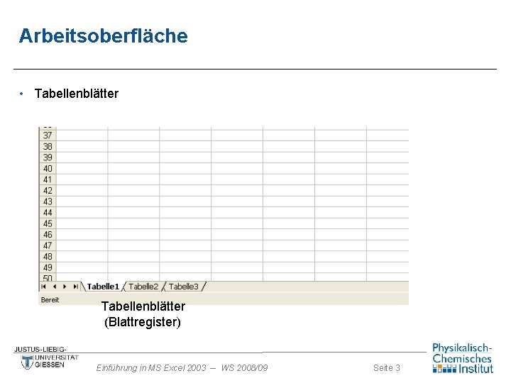 Arbeitsoberfläche • Tabellenblätter (Blattregister) Einführung in MS Excel 2003 -- WS 2008/09 Seite 3