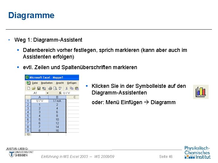 Diagramme • Weg 1: Diagramm-Assistent § Datenbereich vorher festlegen, sprich markieren (kann aber auch