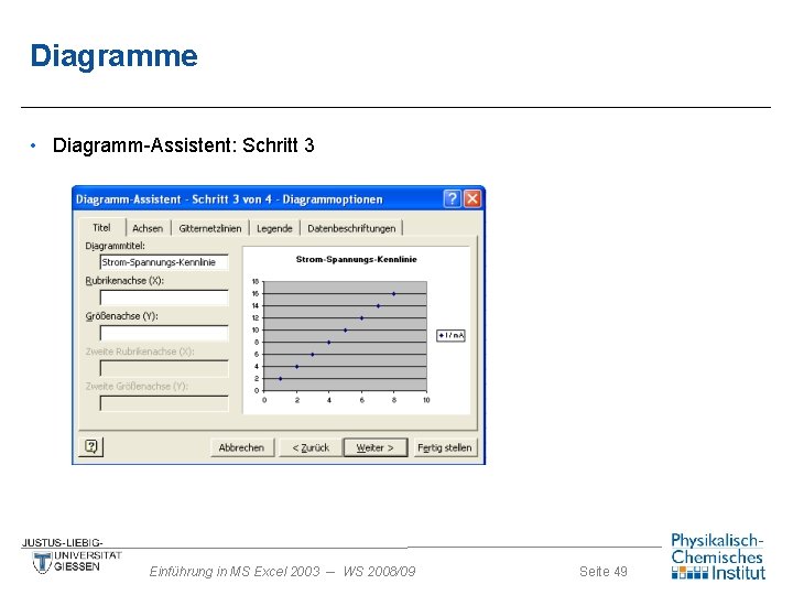 Diagramme • Diagramm-Assistent: Schritt 3 Einführung in MS Excel 2003 -- WS 2008/09 Seite