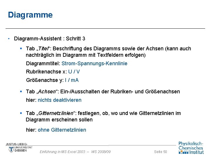 Diagramme • Diagramm-Assistent : Schritt 3 § Tab „Titel“: Beschriftung des Diagramms sowie der