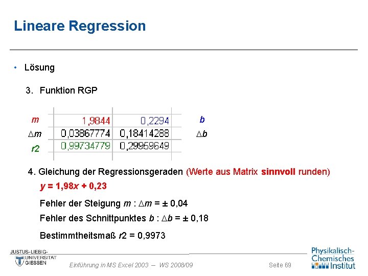 Lineare Regression • Lösung 3. Funktion RGP m b Dm Db r 2 4.