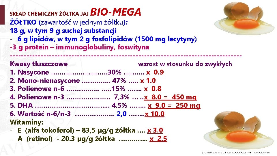 SKŁAD CHEMICZNY ŻÓŁTKA JAJ BIO-MEGA ŻÓŁTKO (zawartość w jednym żółtku): 18 g, w tym