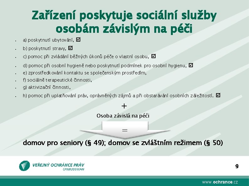 Zařízení poskytuje sociální služby osobám závislým na péči ● a) poskytnutí ubytování, ● b)