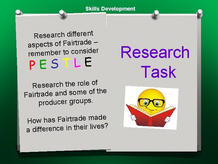 Skills Development Research different aspects of Fairtrade – remember to consider PESTLE Research the