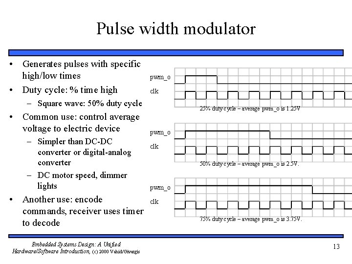 Pulse width modulator • Generates pulses with specific high/low times • Duty cycle: %