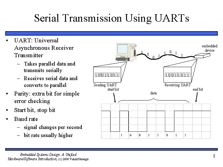 Serial Transmission Using UARTs • UART: Universal Asynchronous Receiver Transmitter – Takes parallel data