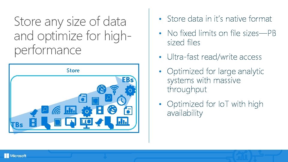 Store any size of data and optimize for highperformance Store EBs • Store data