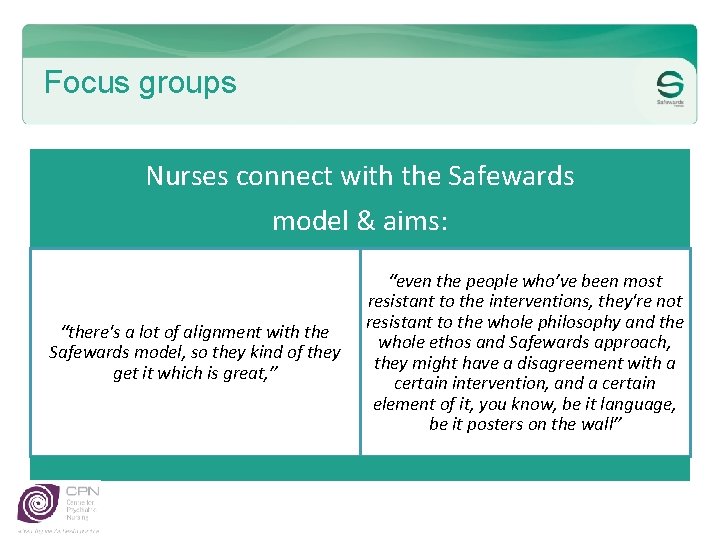 Focus groups Nurses connect with the Safewards model & aims: “there's a lot of