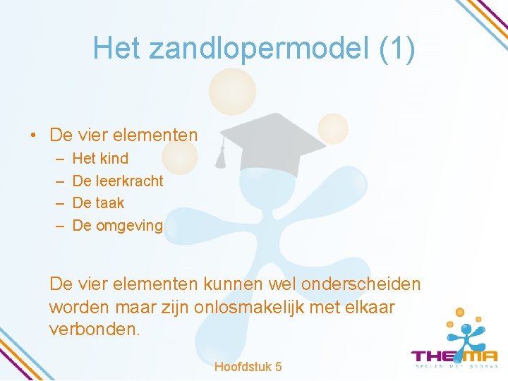 Het zandlopermodel (1) • De vier elementen – – Het kind De leerkracht De