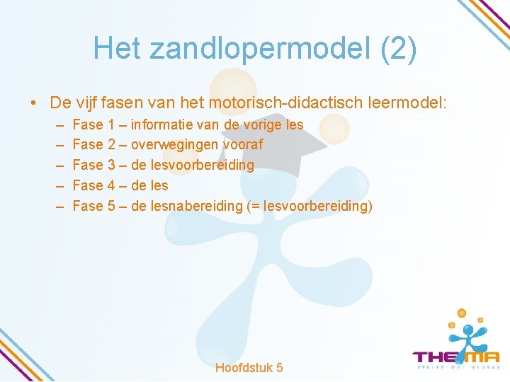 Het zandlopermodel (2) • De vijf fasen van het motorisch-didactisch leermodel: – – –